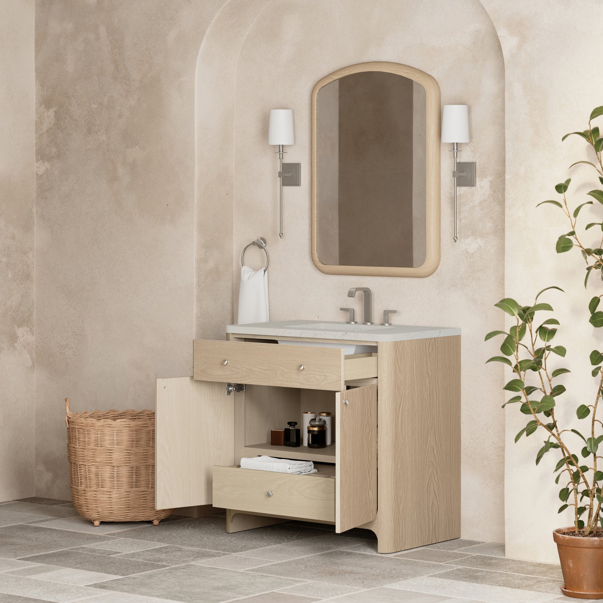 Renovate for Less Atlanta Gracyn 36" Single Vanity, Coastal Driftwood, w/ 3 CM Siberian Silestone Widespread Top