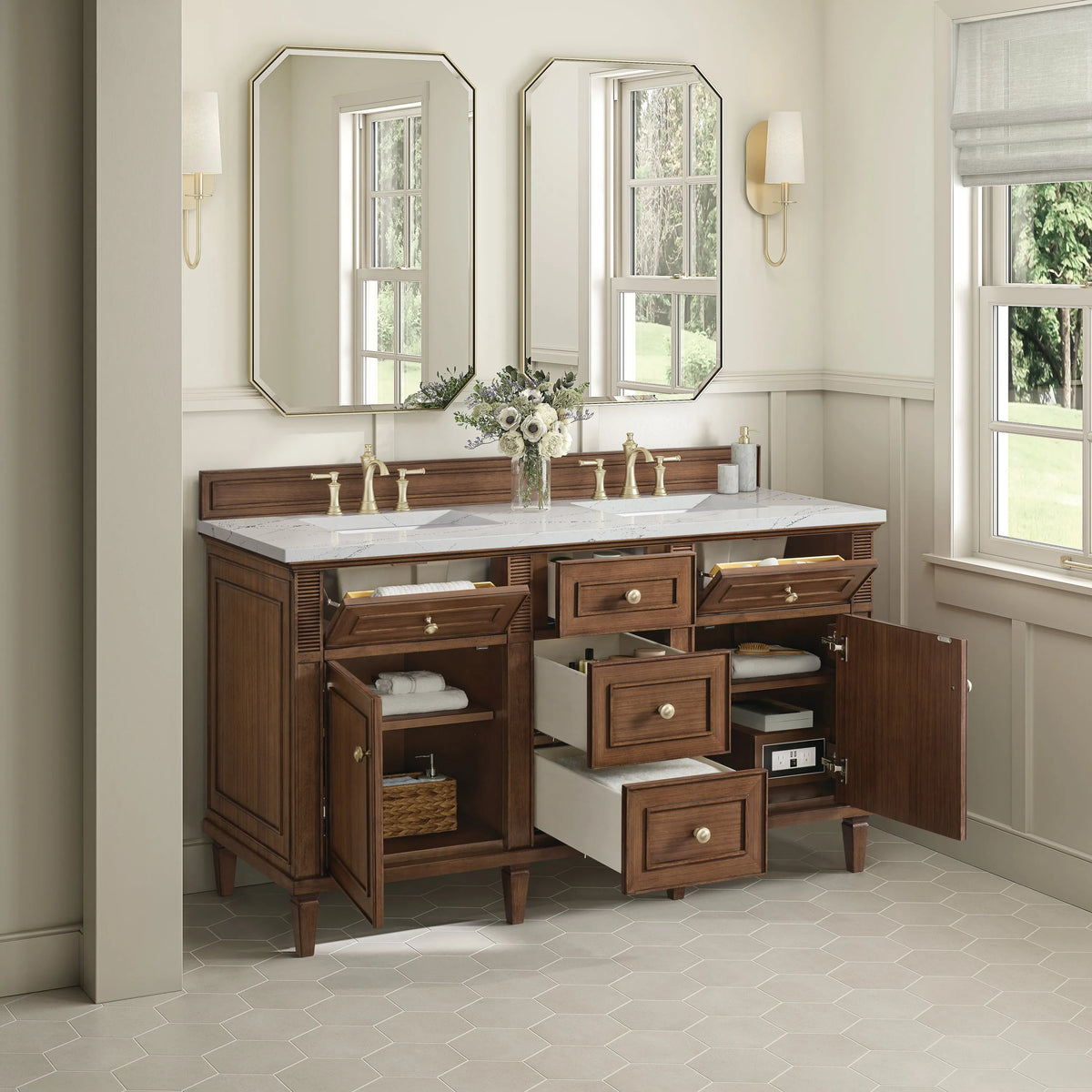 Lorelai 60" Double Vanity, Mid-Century Walnut w/ 3 CM Ethereal Noctis Silestone Top w/FreePower Wireless Charger