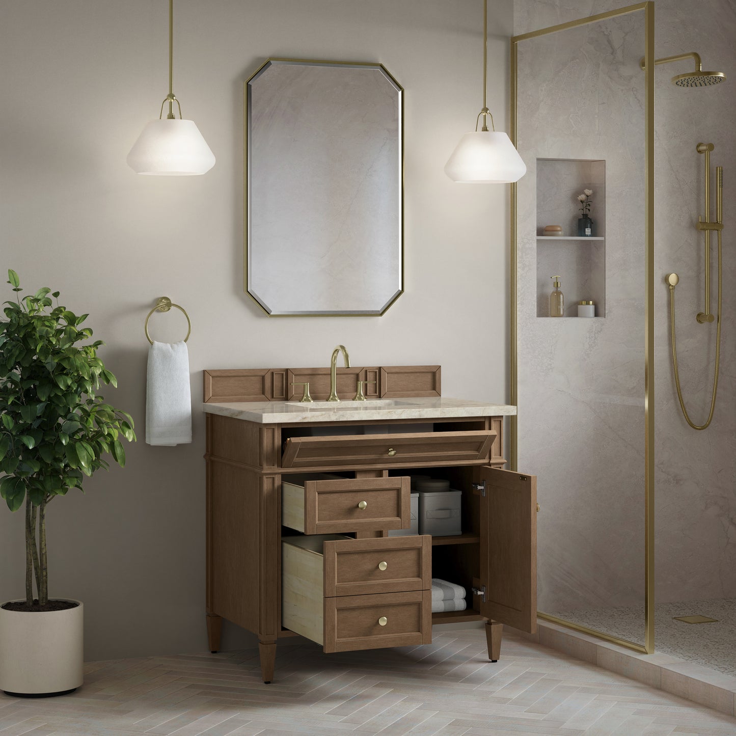 Renovate for Less Atlanta Brittany 36" Single Vanity, Pecan w/ 3 CM Tajnar Eclos Top