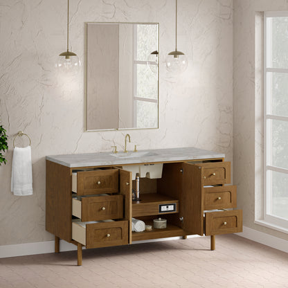 Renovate for Less Atlanta Laurent 60" Single Vanity, Honey Oak w/ 3 CM Victorian Silver Silestone Top w/FreePower Wireless Charger