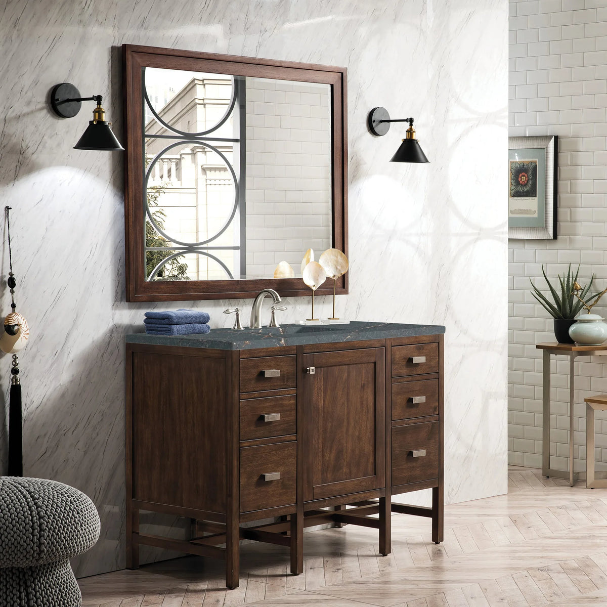 Addison 48" Single Vanity, Mid-Century Acacia w/ 3 CM Parisien Bleu Silestone Top