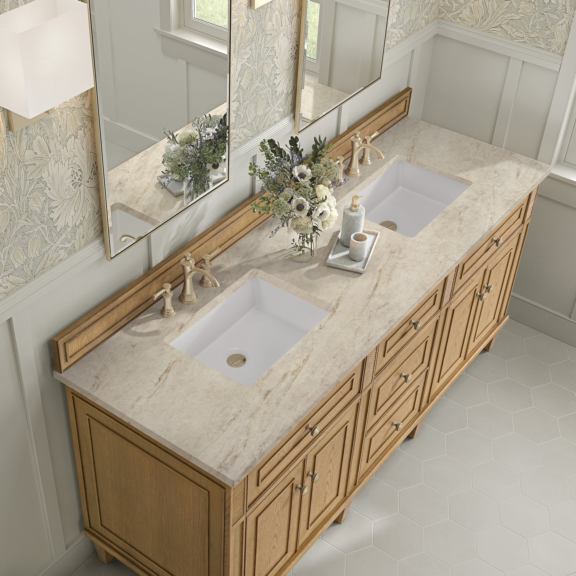 Renovate for Less Atlanta Lorelai 72" Double Vanity, Light Natural Oak, w/ 3 CM Tajnar Eclos Top
