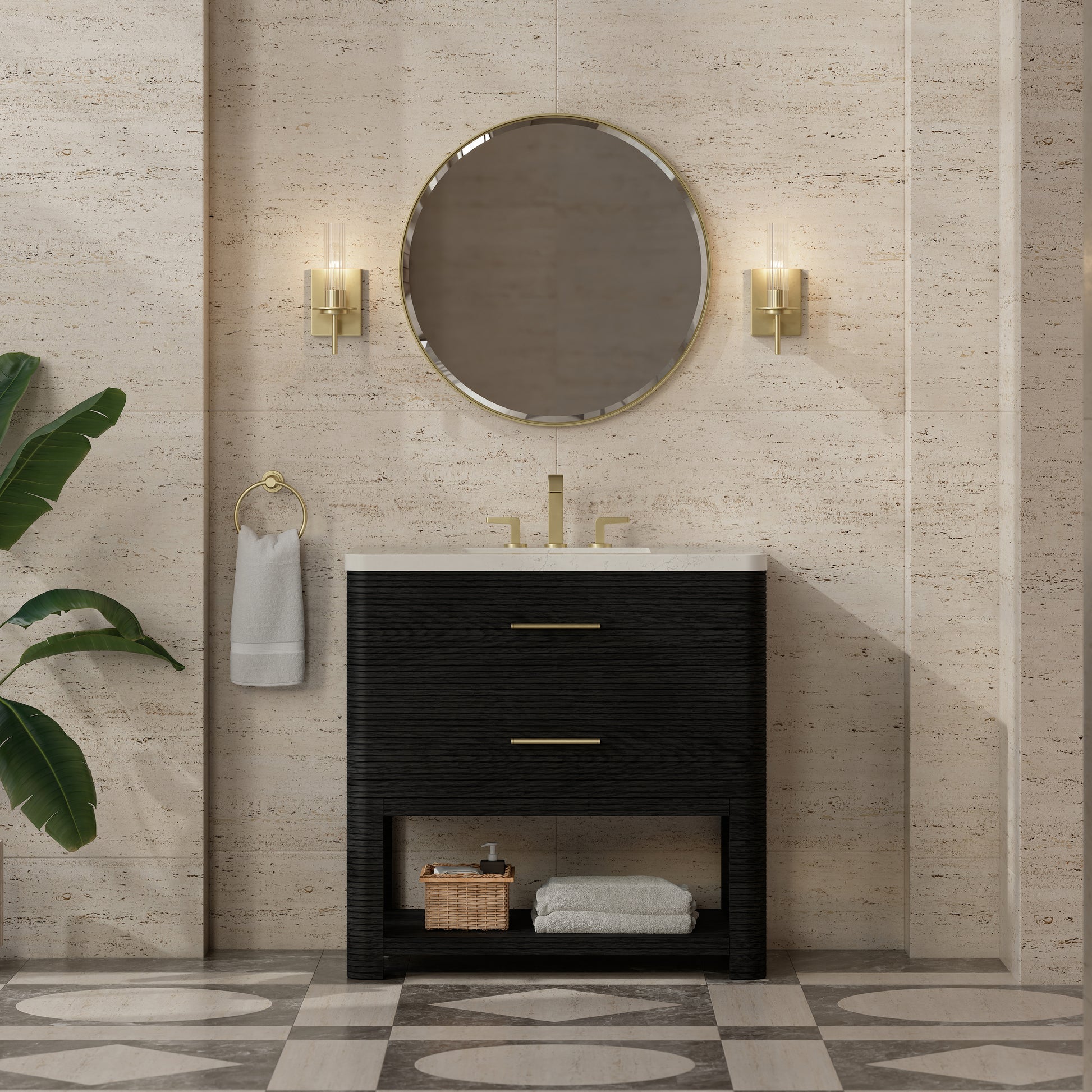 Renovate for Less Atlanta Lucian 36" Single Vanity, Carbon Oak, w/ 3 CM Siberian Silestone Widespread Top
