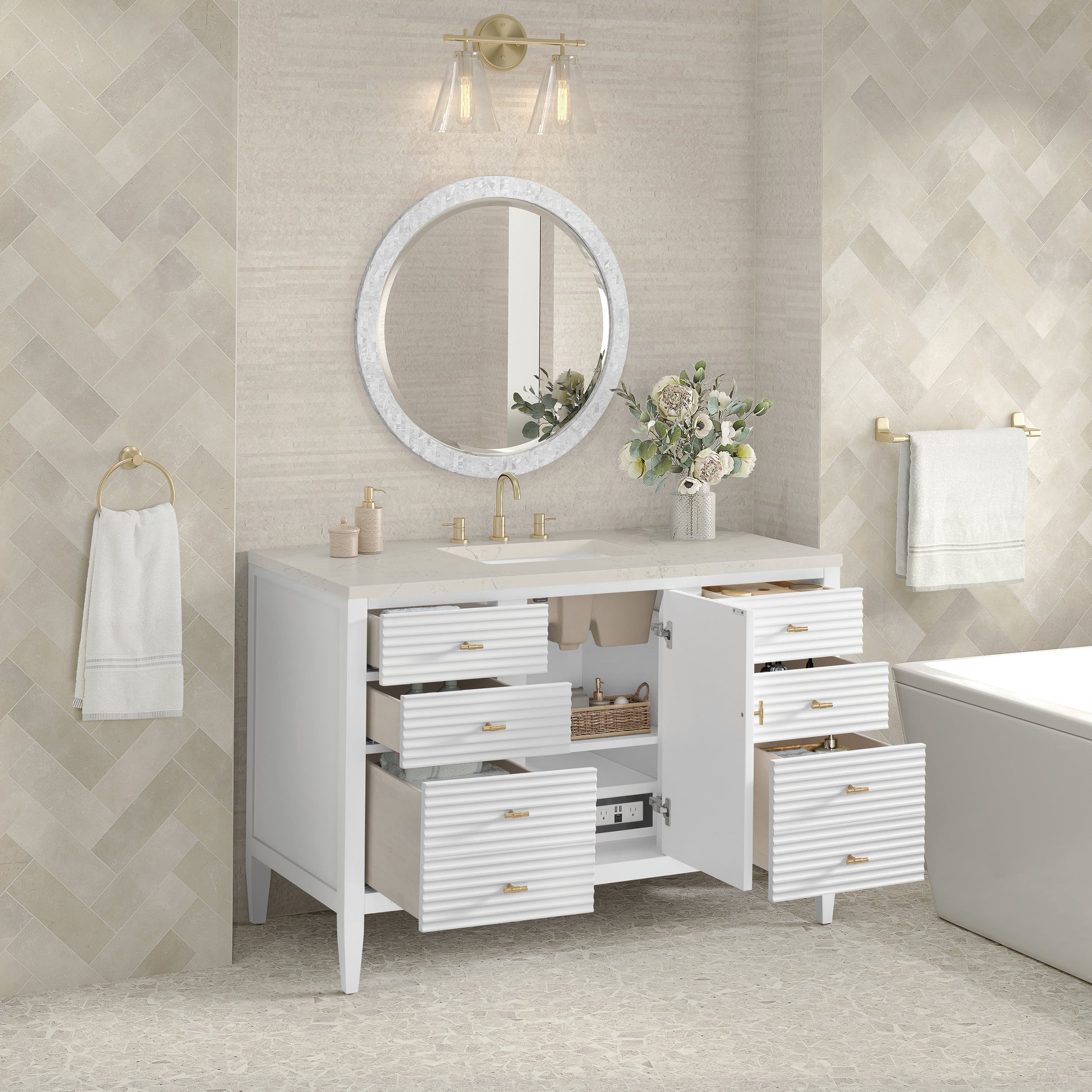 Renovate for Less Atlanta Myrrin 48" Single Vanity, Bright White, w/ 3 CM Siberian Silestone Top
