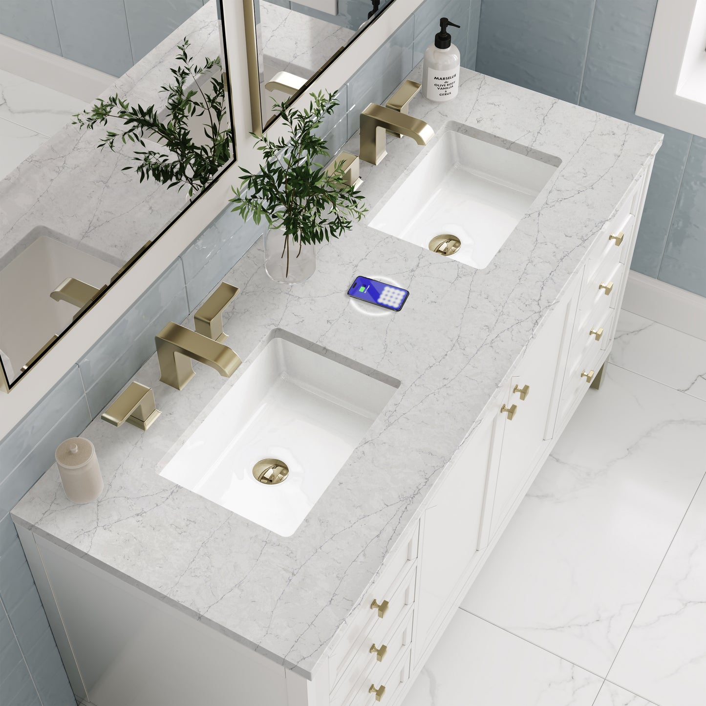 Renovate for Less Atlanta Chicago 60" Double Vanity, Glossy White, w/ 3 CM Eternal Jasmine Pearl Silestone® Top w/FreePower Wireless Charger