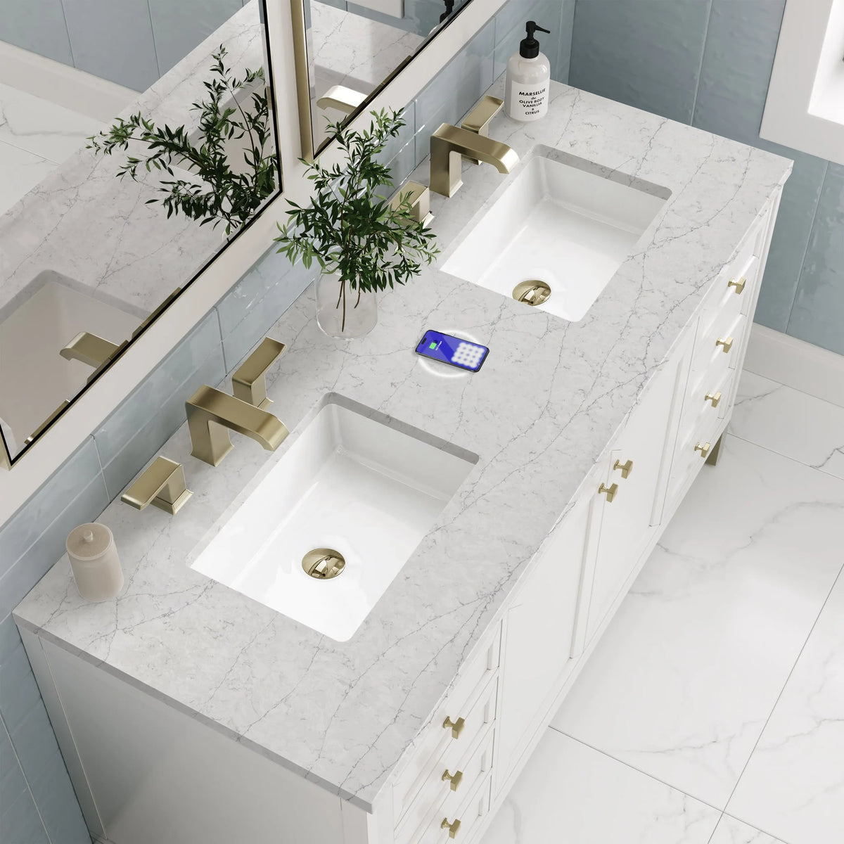 Chicago 60" Double Vanity, Glossy White, w/ 3 CM Eternal Jasmine Pearl Silestone® Top w/FreePower Wireless Charger