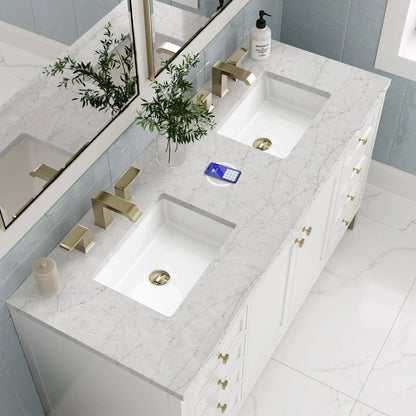 Chicago 60" Double Vanity, Glossy White, w/ 3 CM Eternal Jasmine Pearl Silestone® Top w/FreePower Wireless Charger