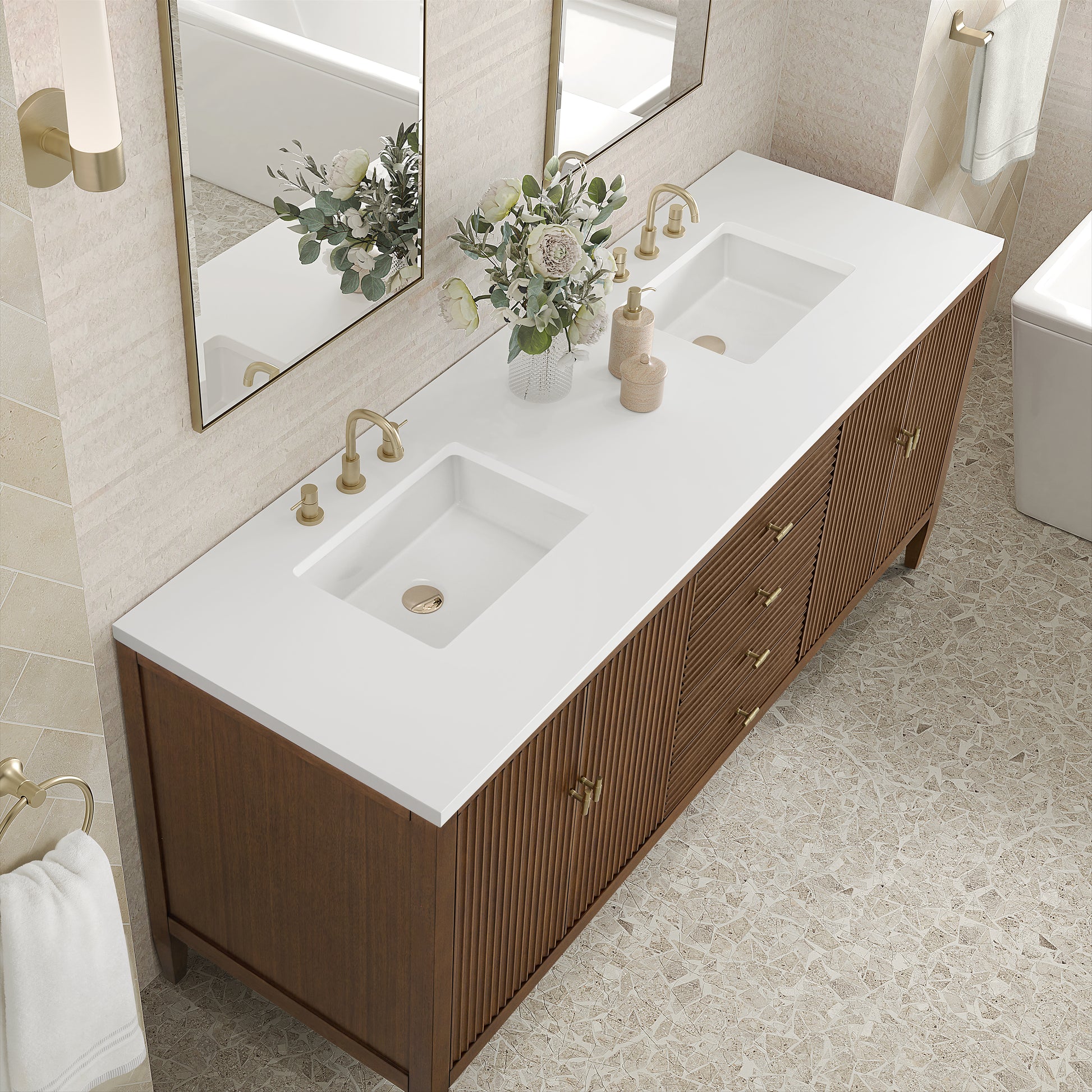 Renovate for Less Atlanta Myrrin 72" Double Vanity, Mid Century Walnut w/ 3 CM White Zeus Silestone Top