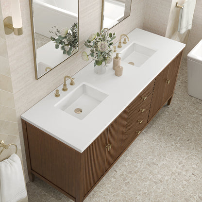 Renovate for Less Atlanta Myrrin 72" Double Vanity, Mid Century Walnut w/ 3 CM White Zeus Silestone Top