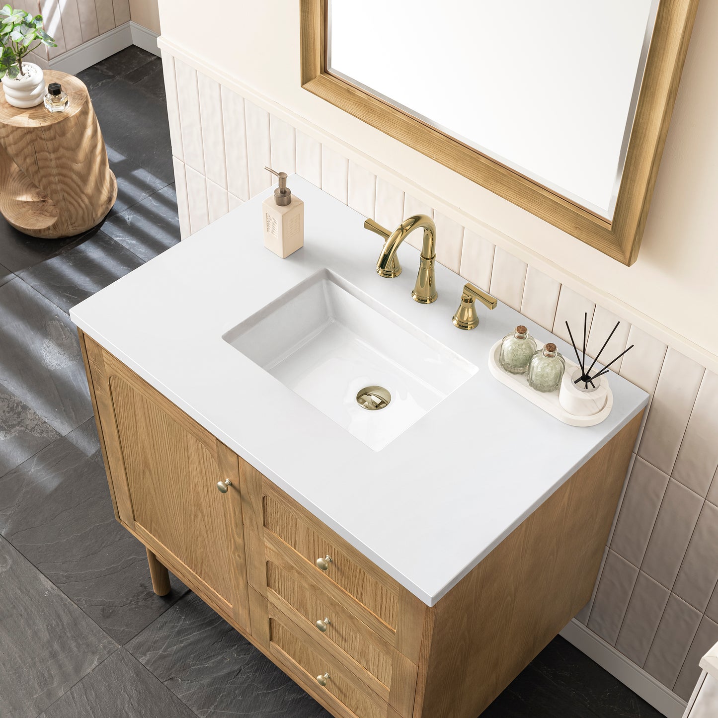 Renovate for Less Atlanta Laurent 36" Single Vanity, Light Natural Oak w/ 3 CM White Zeus Top