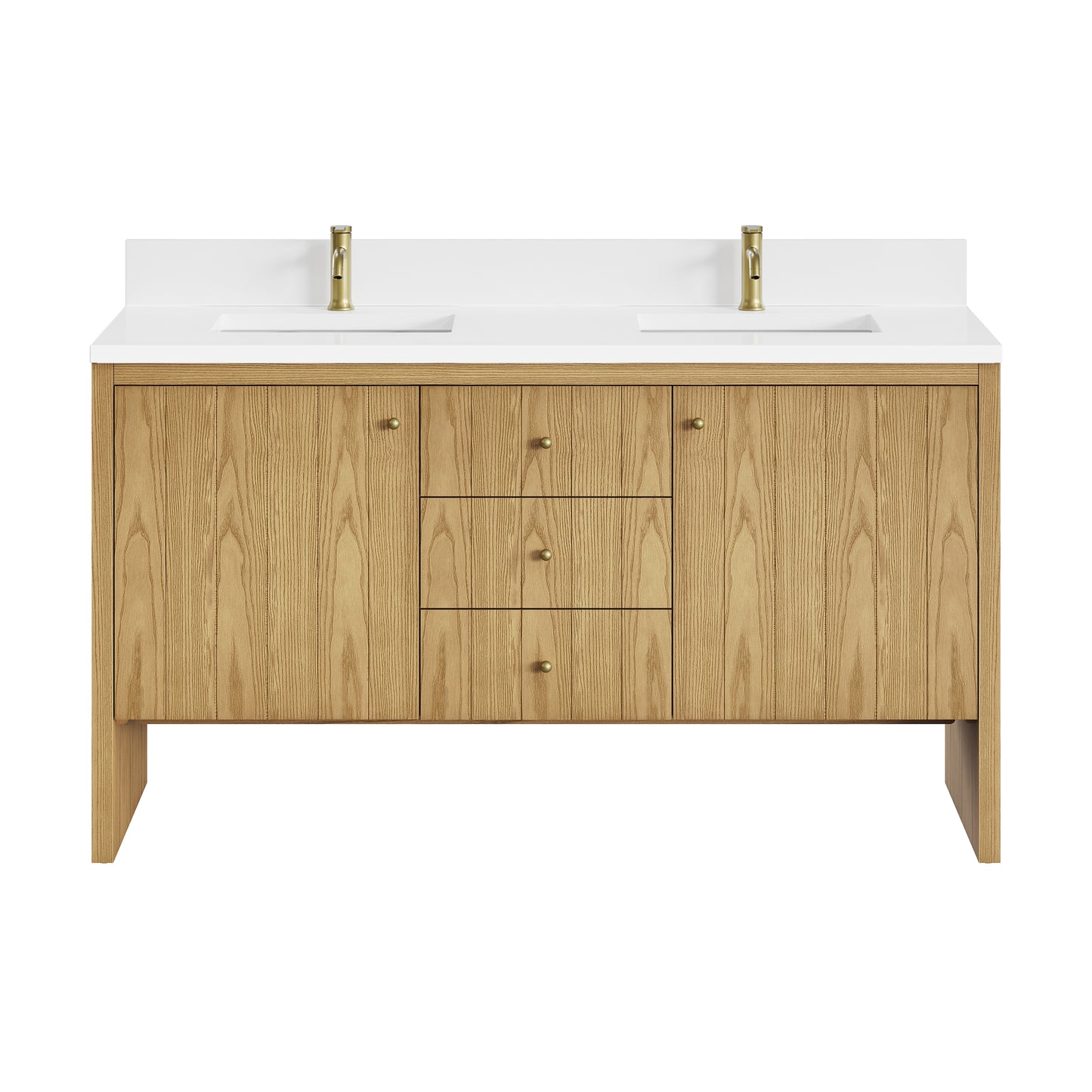 Renovate for Less Atlanta Hudson 60" Double Vanity, Light Natural Oak w/ Single Hole 3 CM White Zeus Top & Backsplash