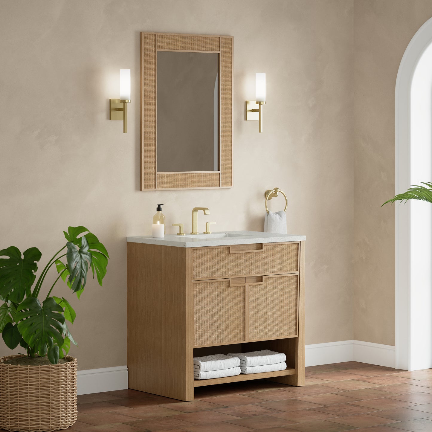 Renovate for Less Atlanta Solene 36" Single Vanity, Seaside Oak, w/ 3 CM Lime Delight Quartz Top