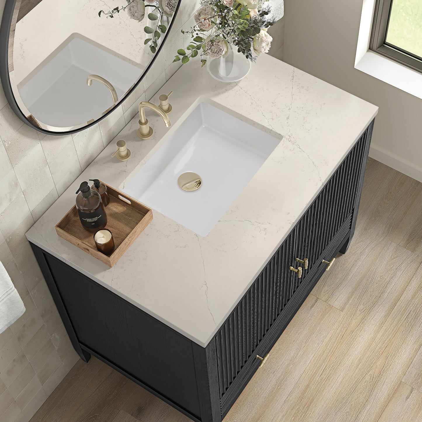 Renovate for Less Atlanta Myrrin 36" Vanity, Carbon Oak, w/ 3 CM Siberian Silestone Top