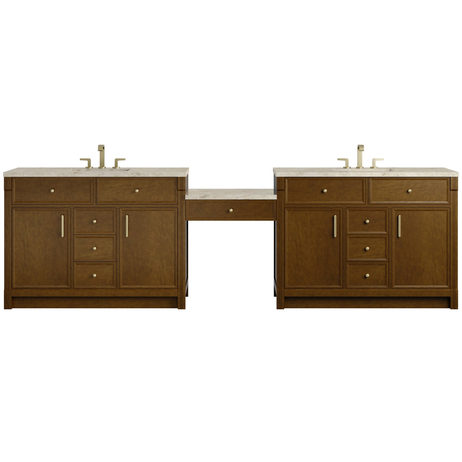 Renovate for Less Atlanta Bellshire 120" Dual Vanity Set with 24" Make-Up Counter, Honey Oak w/3 cm Tajnar Eclos Top
