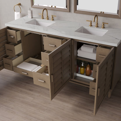 Renovate for Less Atlanta Portland 72" Double Vanity Whitewashed Walnut w/ 3 CM Ethereal Noctis Silestone Top