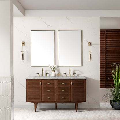 Renovate for Less Atlanta Amberly 60" Double Vanity, Mid-Century Walnut w/ 3 CM Eternal Jasmine Pearl Top w/FreePower Wireless Charger