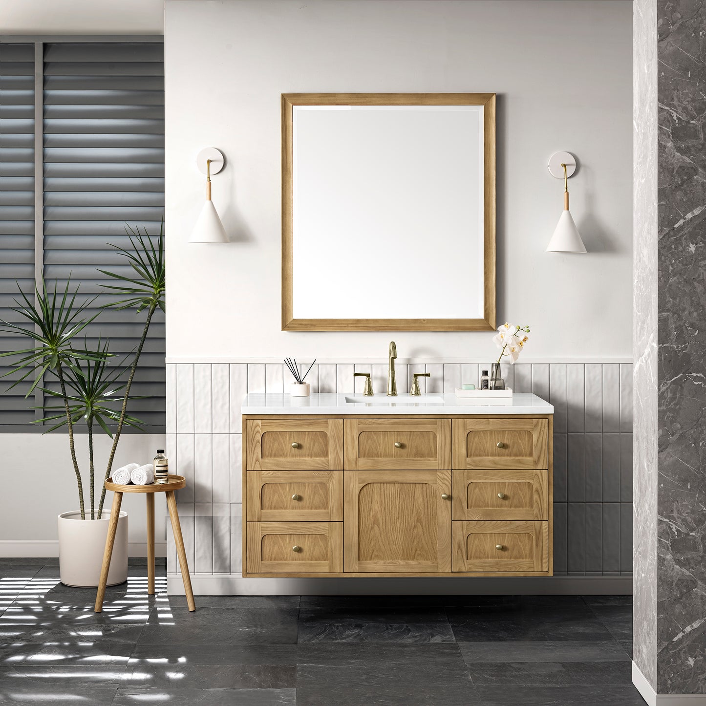 Renovate for Less Atlanta Laurent 48" Single Vanity, Light Natural Oak w/ 3 CM White Zeus Top