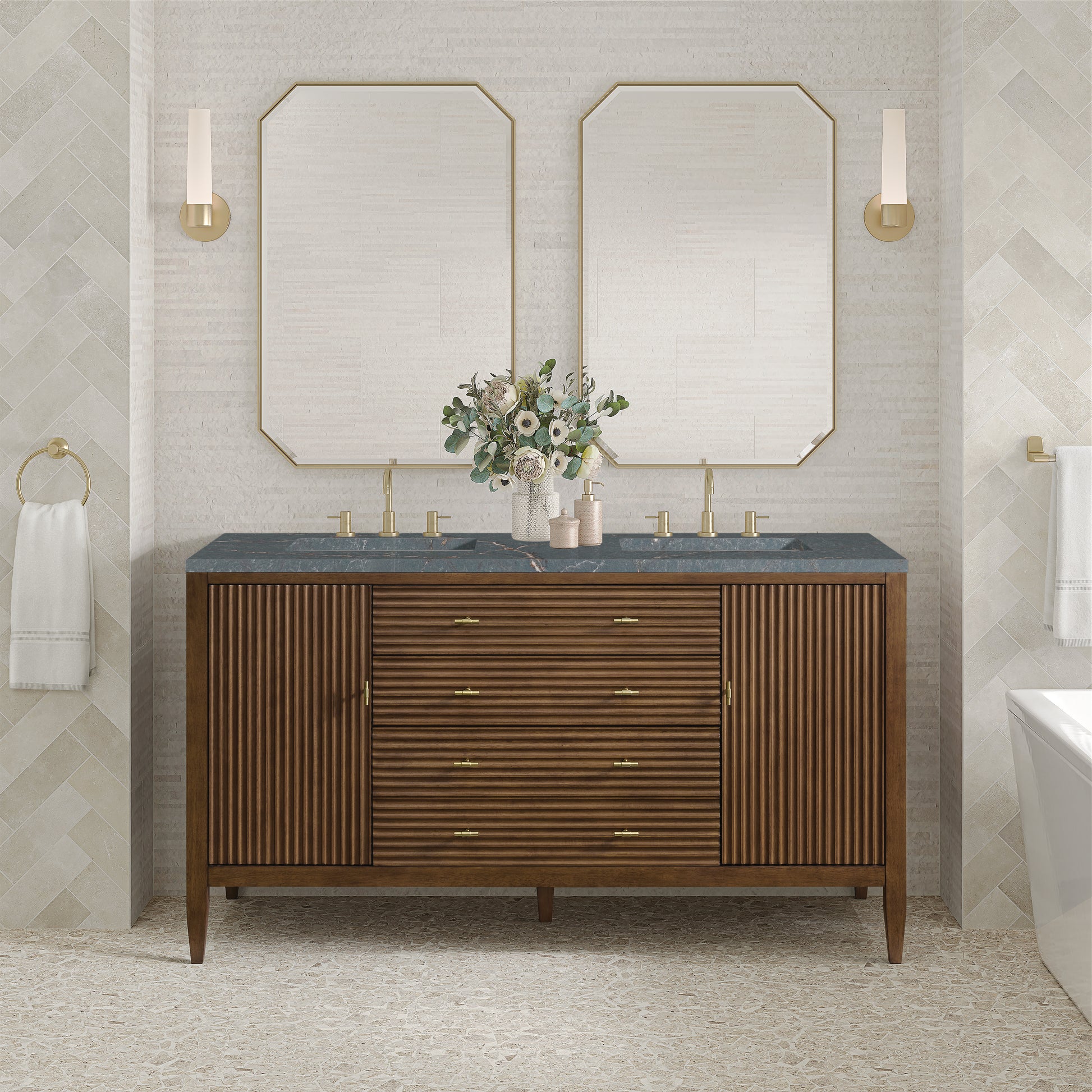 Renovate for Less Atlanta Myrrin 60" Double Vanity, Mid Century Walnut w/ 3 CM Parisien Bleu Silestone Top