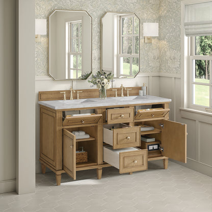 Renovate for Less Atlanta Lorelai 60" Double Vanity, Light Natural Oak w/ 3 CM Victorian Silver Silestone Top w/FreePower Wireless Charger