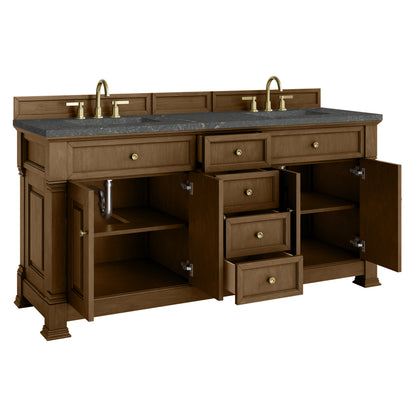 Renovate for Less Atlanta Brookfield 72" Double Vanity, Honey Oak w/ 3 CM Parisien Bleu Silestone Top w/ FreePower Wireless Charger