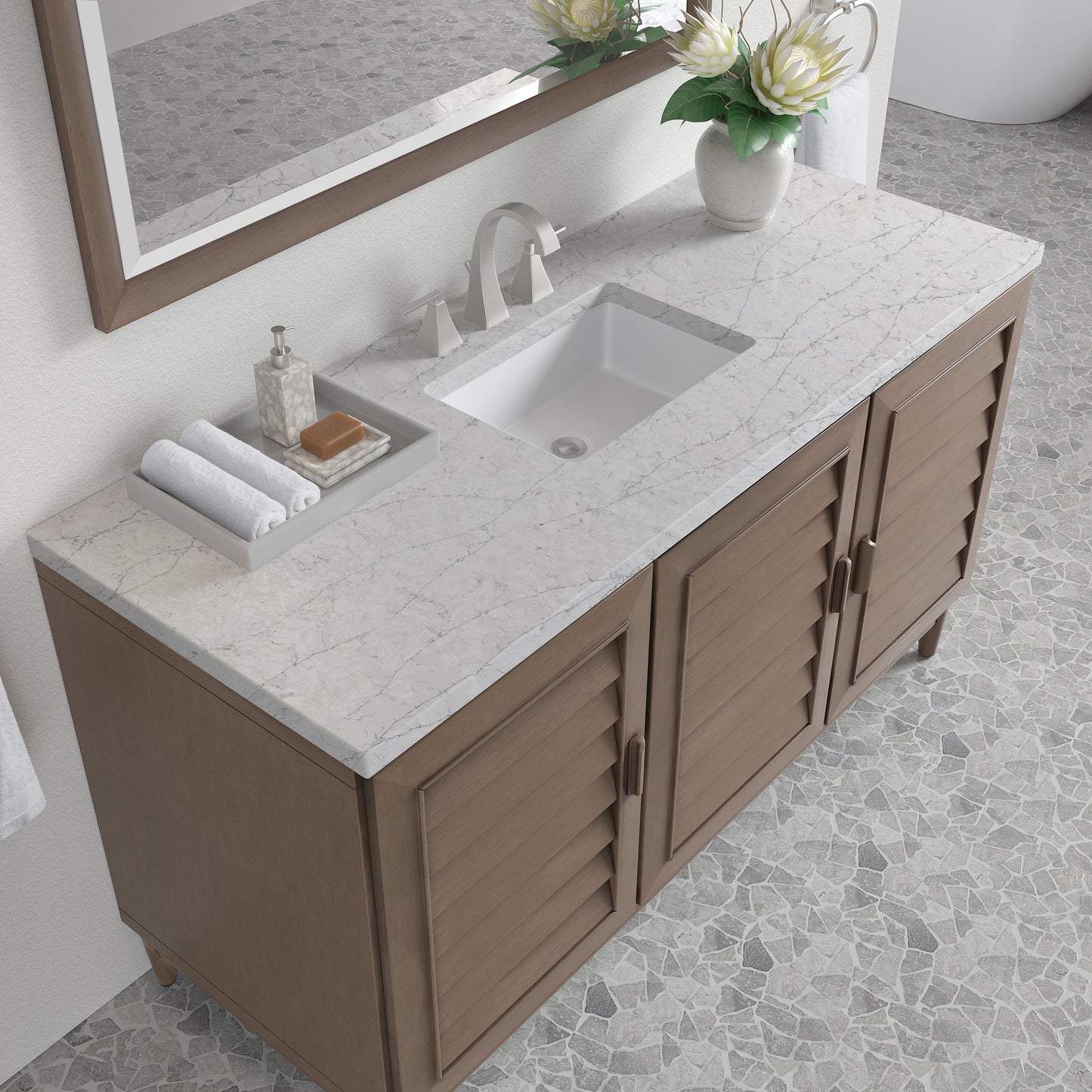 Renovate for Less Atlanta Portland 60" Single Vanity Whitewashed Walnut w/ 3 CM Eternal Jasmine Pearl Silestone Top w/FreePower Wireless Charger