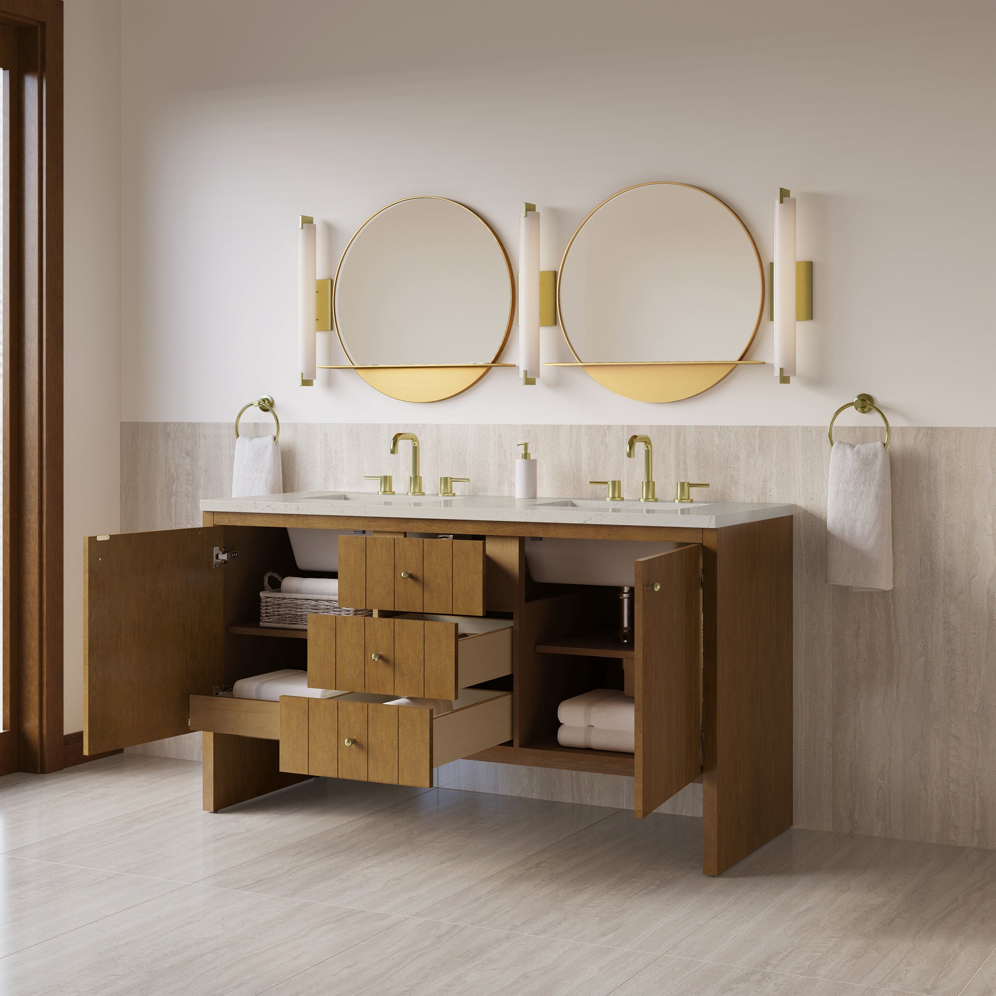 Renovate for Less Atlanta Hudson 60" Double Vanity, Honey Oak w/ 3 CM Siberian Silestone Top w/FreePower Wireless Charger