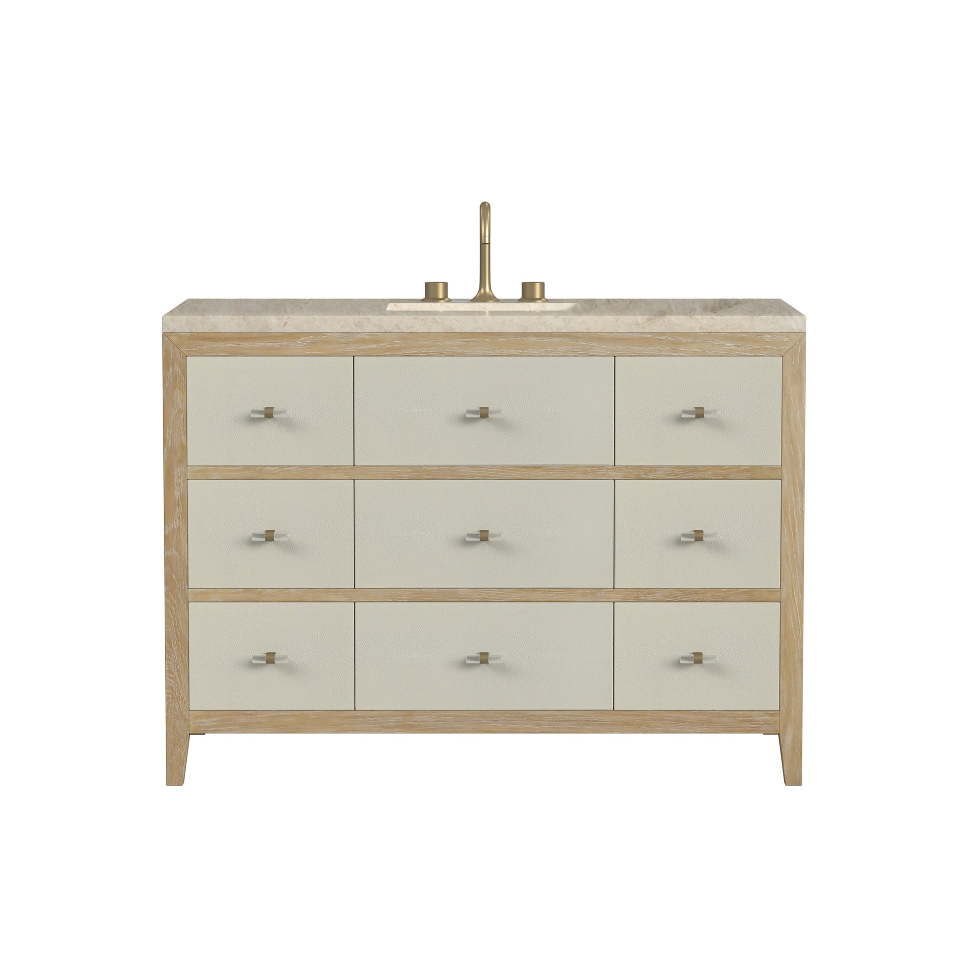 Renovate for Less Atlanta Celeste 48" Single Vanity, Sunwashed Oak with Embossed Shagreen, w/ 3 CM Tajnar Eclos Top w/FreePower Wireless Charger