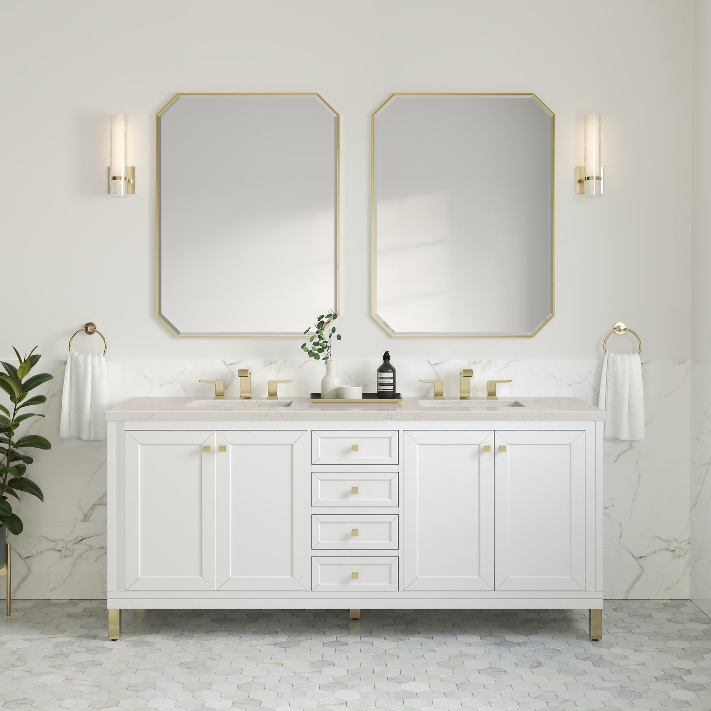 Renovate for Less Atlanta Chicago 72" Double Vanity, Glossy White, w/ 3 CM Siberian Silestone Top
