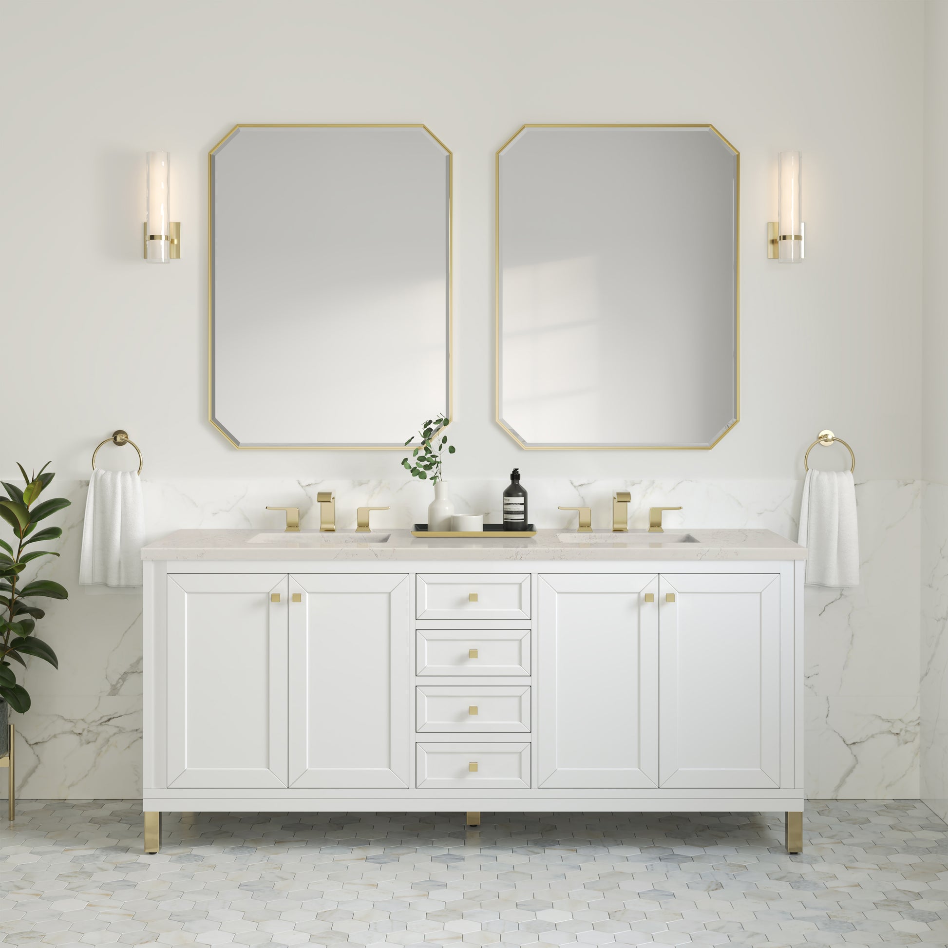 Renovate for Less Atlanta Chicago 72" Double Vanity, Glossy White, w/ 3 CM Siberian Silestone Top