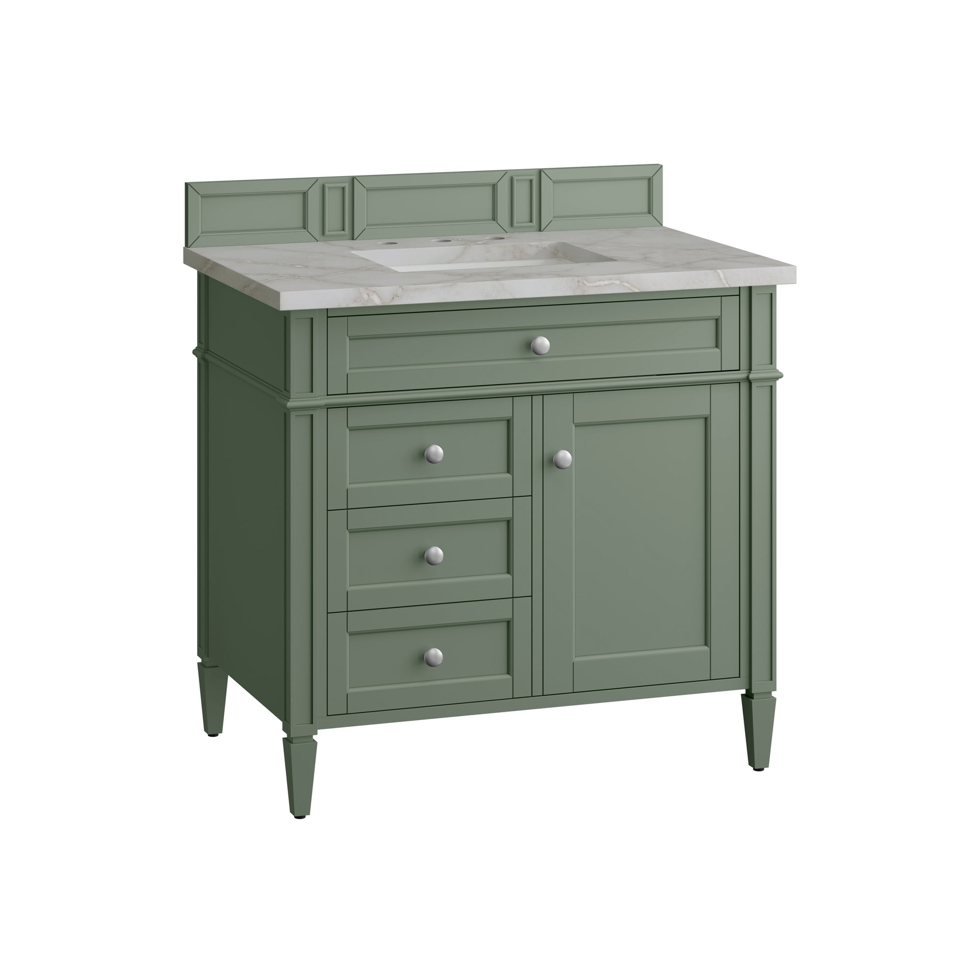 Renovate for Less Atlanta Brittany 36" Single Vanity, Smokey Celadon w/ 3 CM Victorian Silver Top