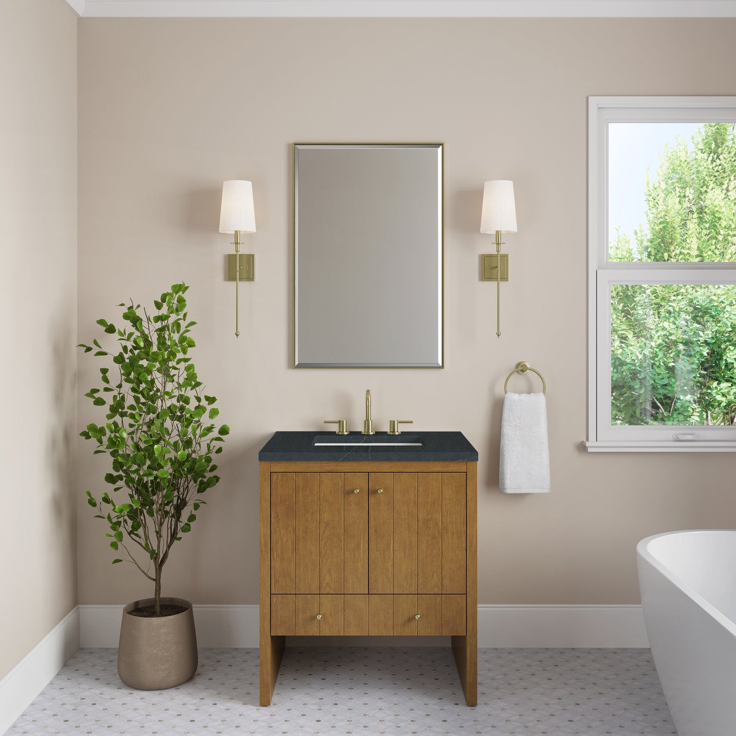 Renovate for Less Atlanta Hudson 30" Single Vanity, Honey Oak w/ 3 CM Charcoal Soapstone Silestone Top