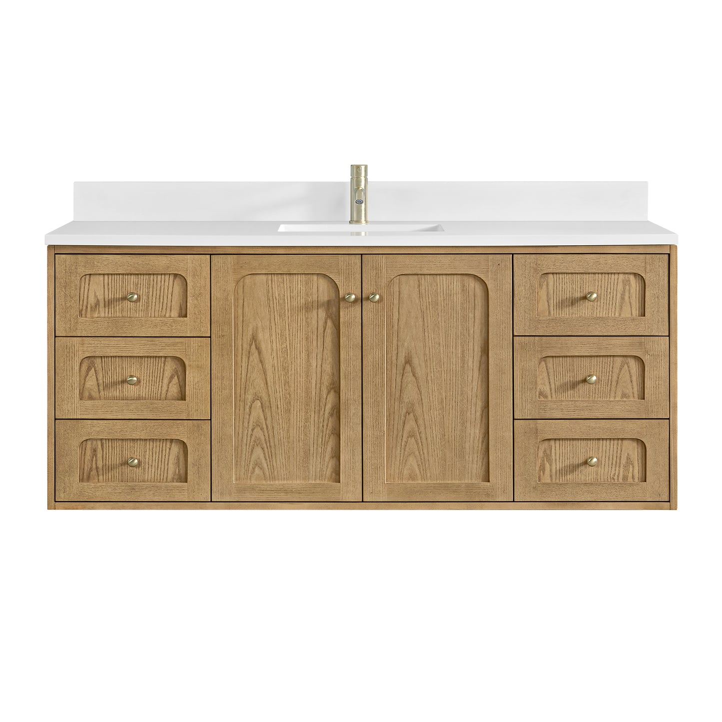 Renovate for Less Atlanta Laurent 60" Single Vanity, Light Natural Oak, w/ Single Hole 3 CM White Zeus Quartz Top & Backsplash