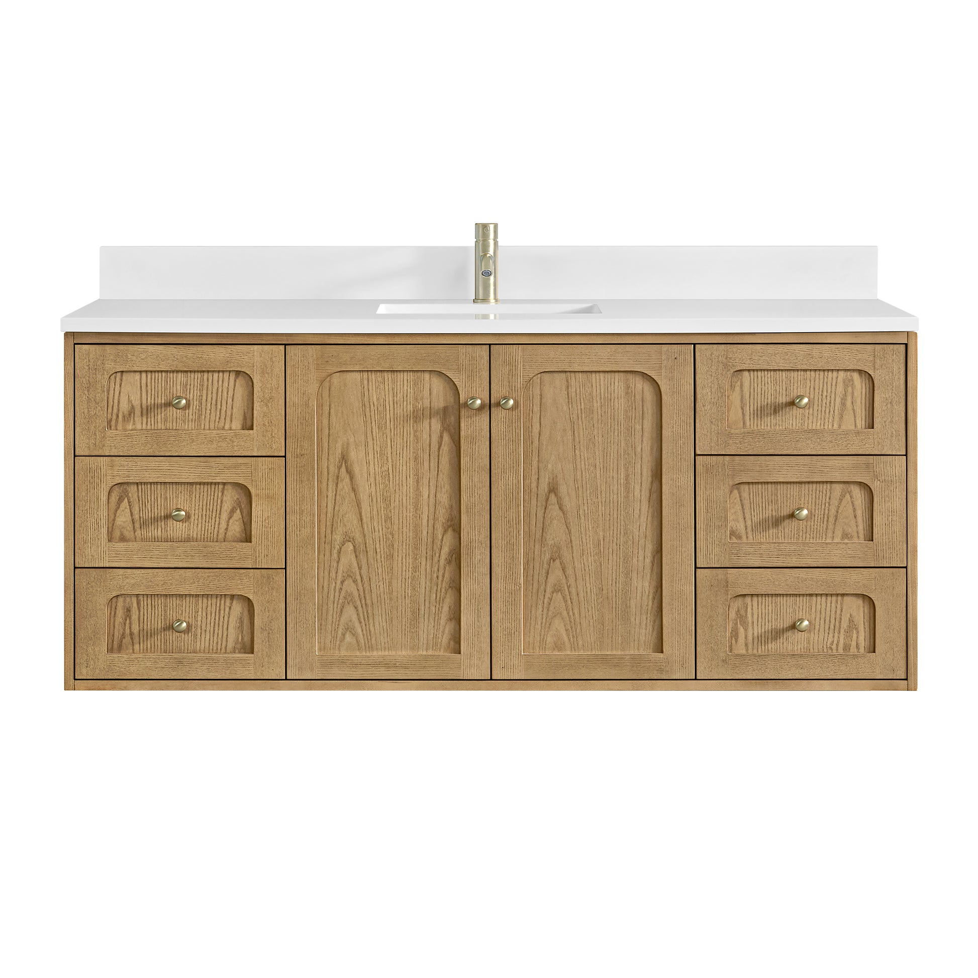 Renovate for Less Atlanta Laurent 60" Single Vanity, Light Natural Oak, w/ Single Hole 3 CM White Zeus Quartz Top & Backsplash