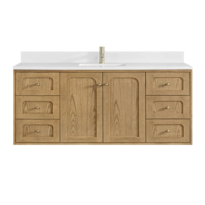 Renovate for Less Atlanta Laurent 60" Single Vanity, Light Natural Oak, w/ Single Hole 3 CM White Zeus Quartz Top & Backsplash