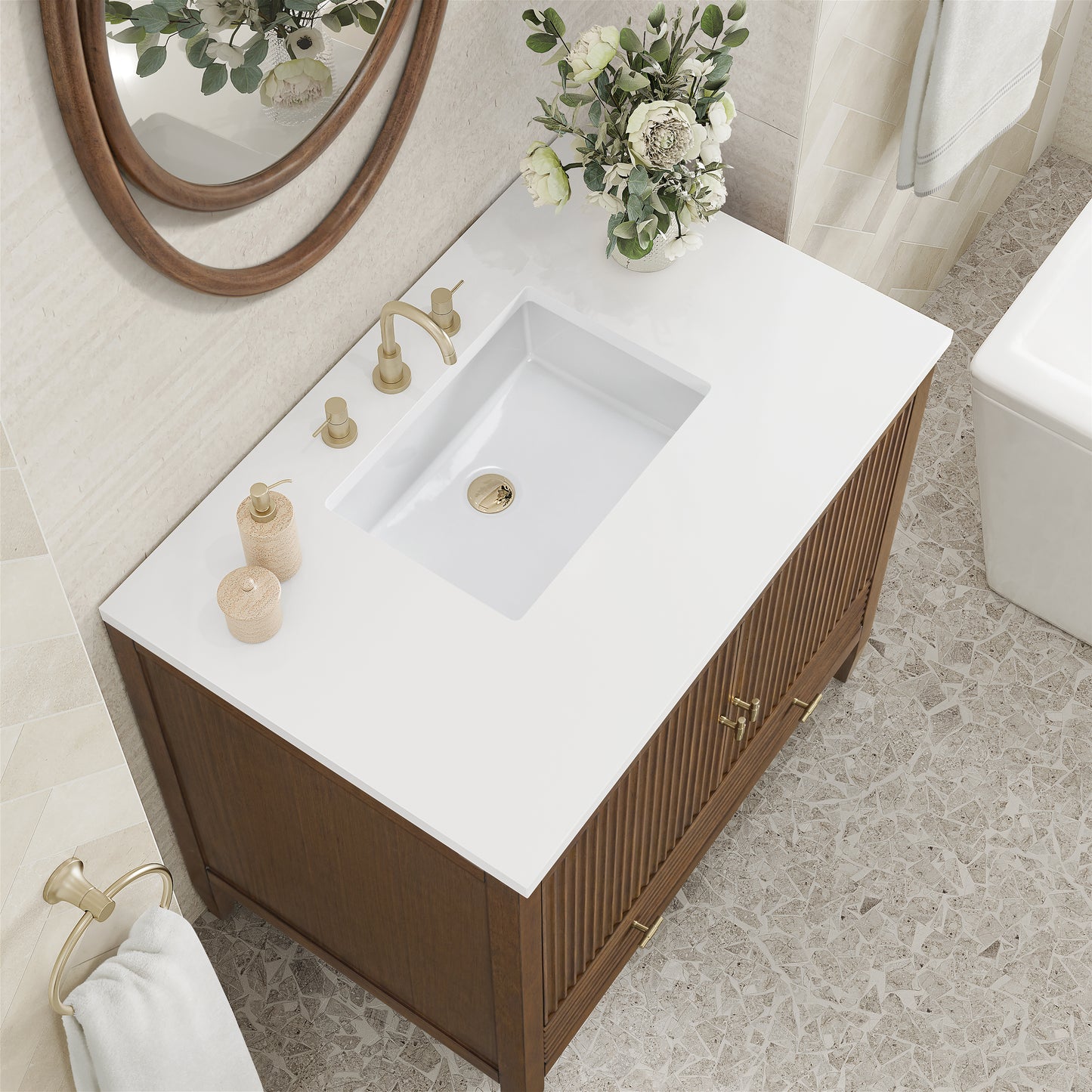 Renovate for Less Atlanta Myrrin 36" Vanity, Mid Century Walnut w/ 3 CM White Zeus Silestone Top