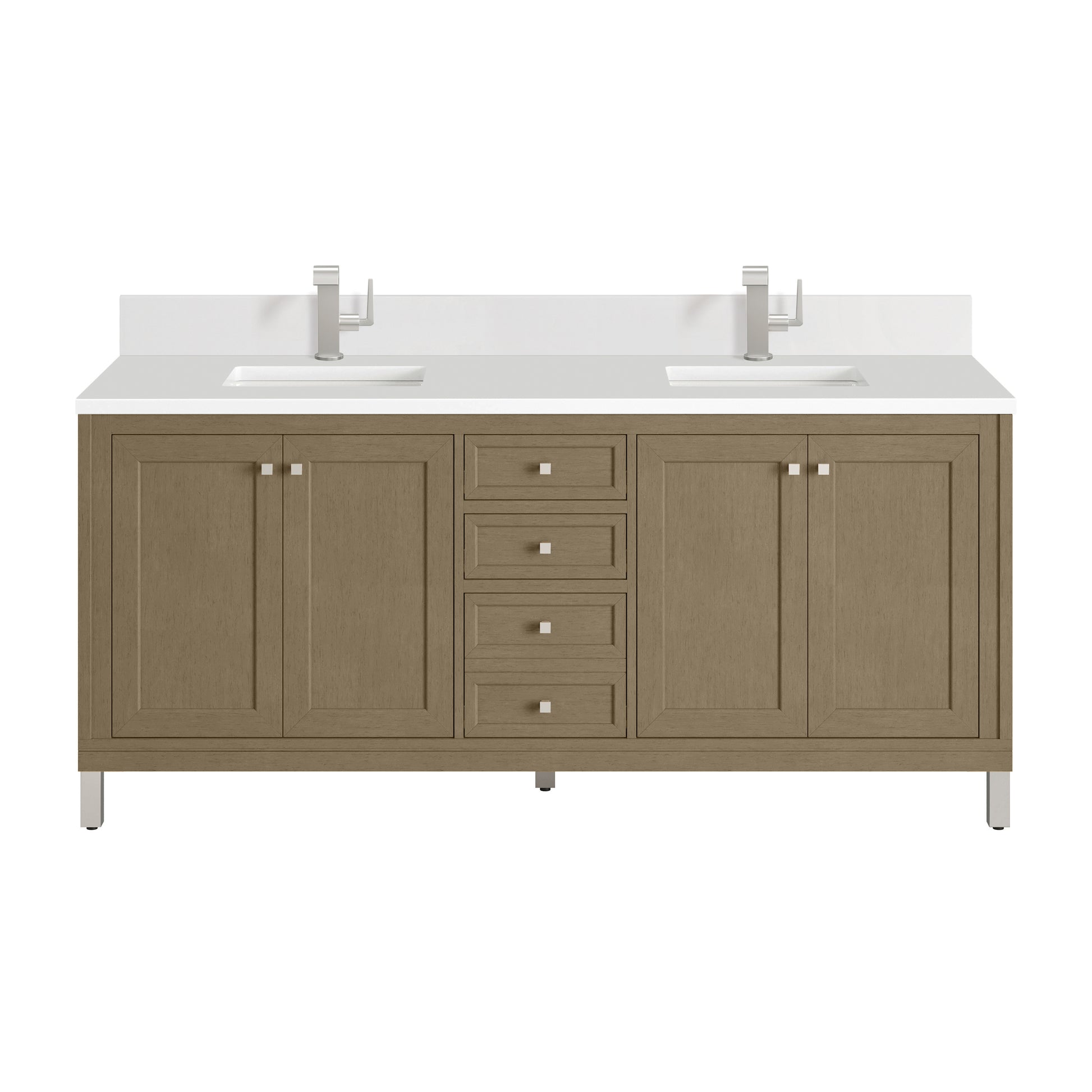 Renovate for Less Atlanta Chicago 72" Double Vanity, Walnut Whisper, w/ Single Hole 3CM White Zeus Silestone® Top & Backsplash