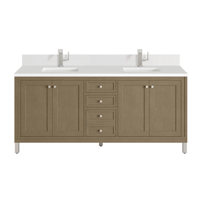 Renovate for Less Atlanta Chicago 72" Double Vanity, Walnut Whisper, w/ Single Hole 3CM White Zeus Silestone® Top & Backsplash