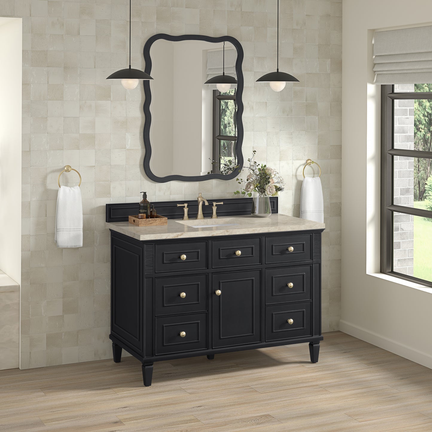 Renovate for Less Atlanta Lorelai 48" Single Vanity, Black Onyx, w/ 3 CM Tajnar Eclos Top w/FreePower Wireless Charger