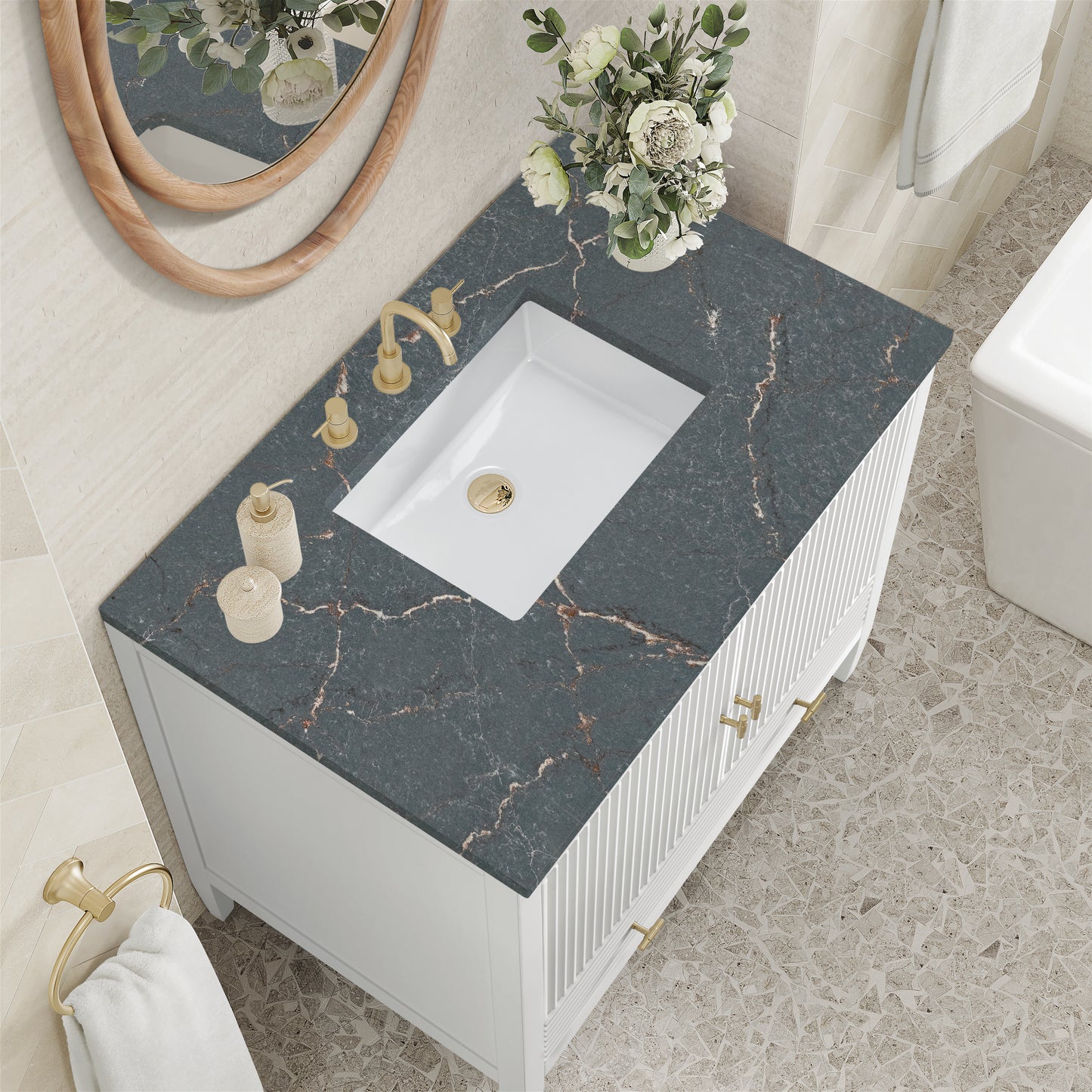 Renovate for Less Atlanta Myrrin 36" Vanity, Bright White w/ 3 CM Parisien Bleu Silestone Top