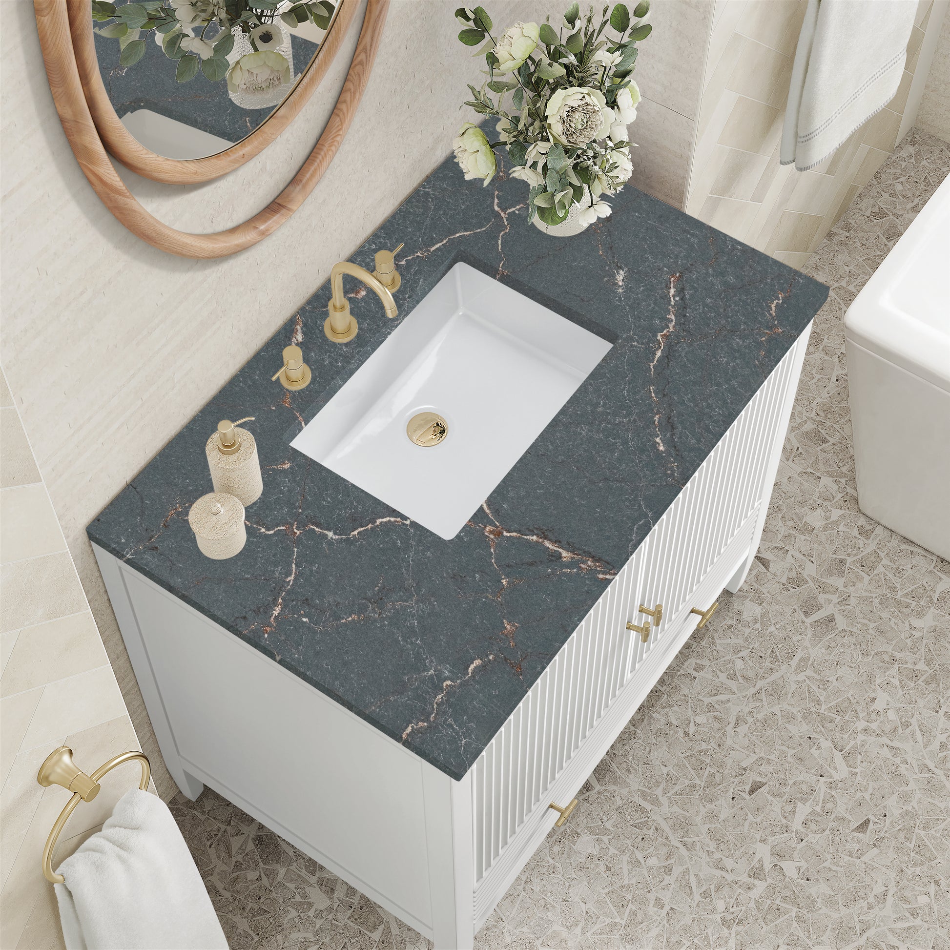 Renovate for Less Atlanta Myrrin 36" Vanity, Bright White w/ 3 CM Parisien Bleu Silestone Top