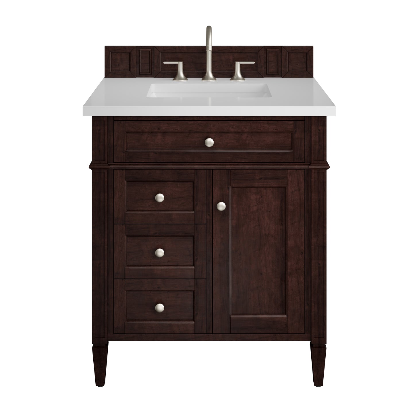 Renovate for Less Atlanta Brittany 30" Single Vanity, Burnished Mahogany, w/ 3 CM White Zeus Silestone Top