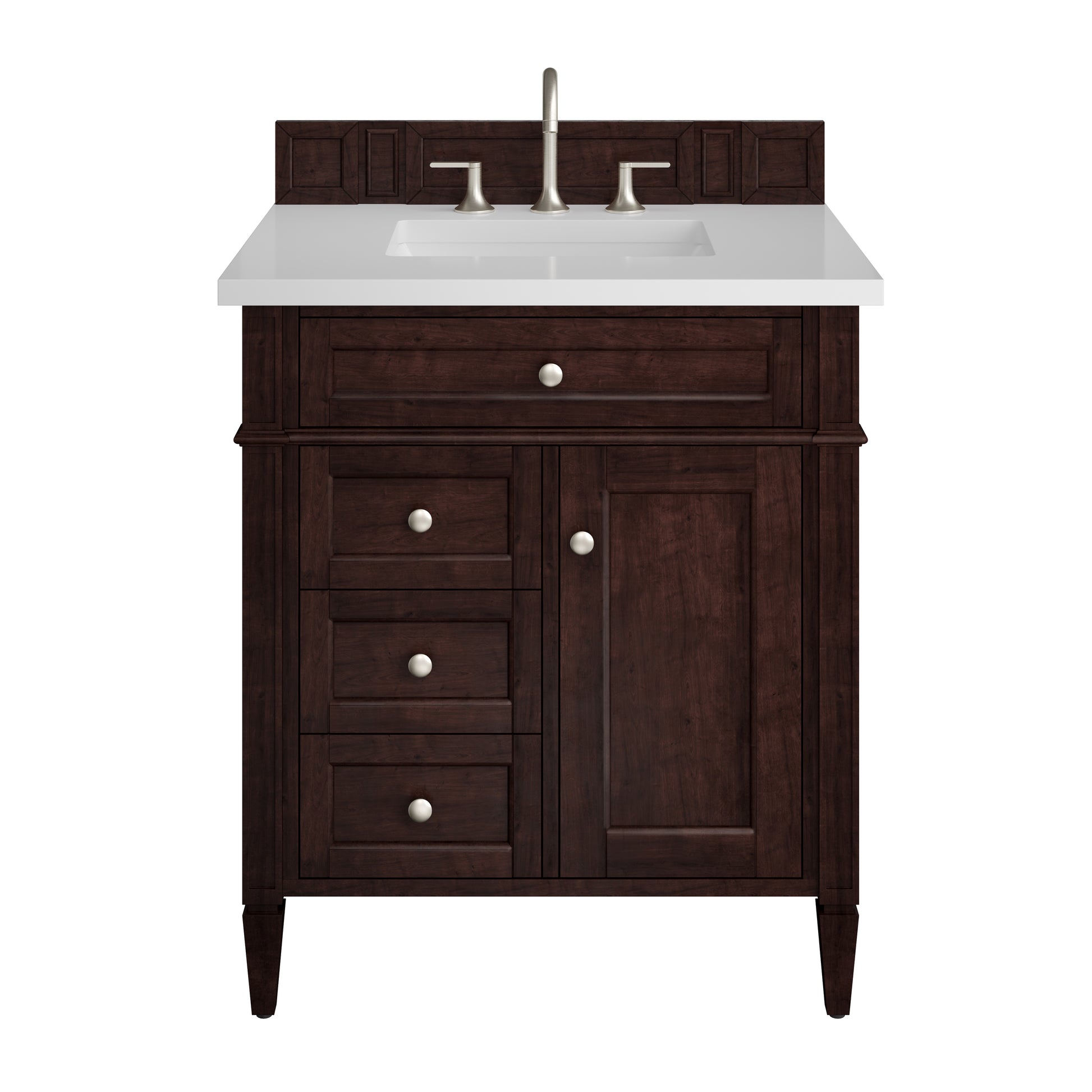 Renovate for Less Atlanta Brittany 30" Single Vanity, Burnished Mahogany, w/ 3 CM White Zeus Silestone Top