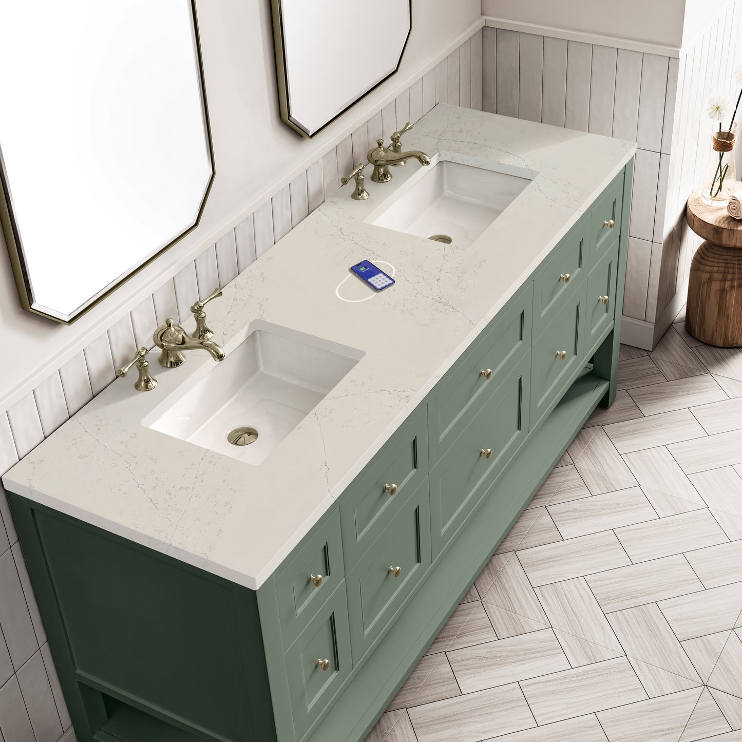 Renovate for Less Atlanta Breckenridge 72" Double Vanity, Smokey Celadon, w/ 3 CM Siberian Silestone Top w/FreePower Wireless Charger