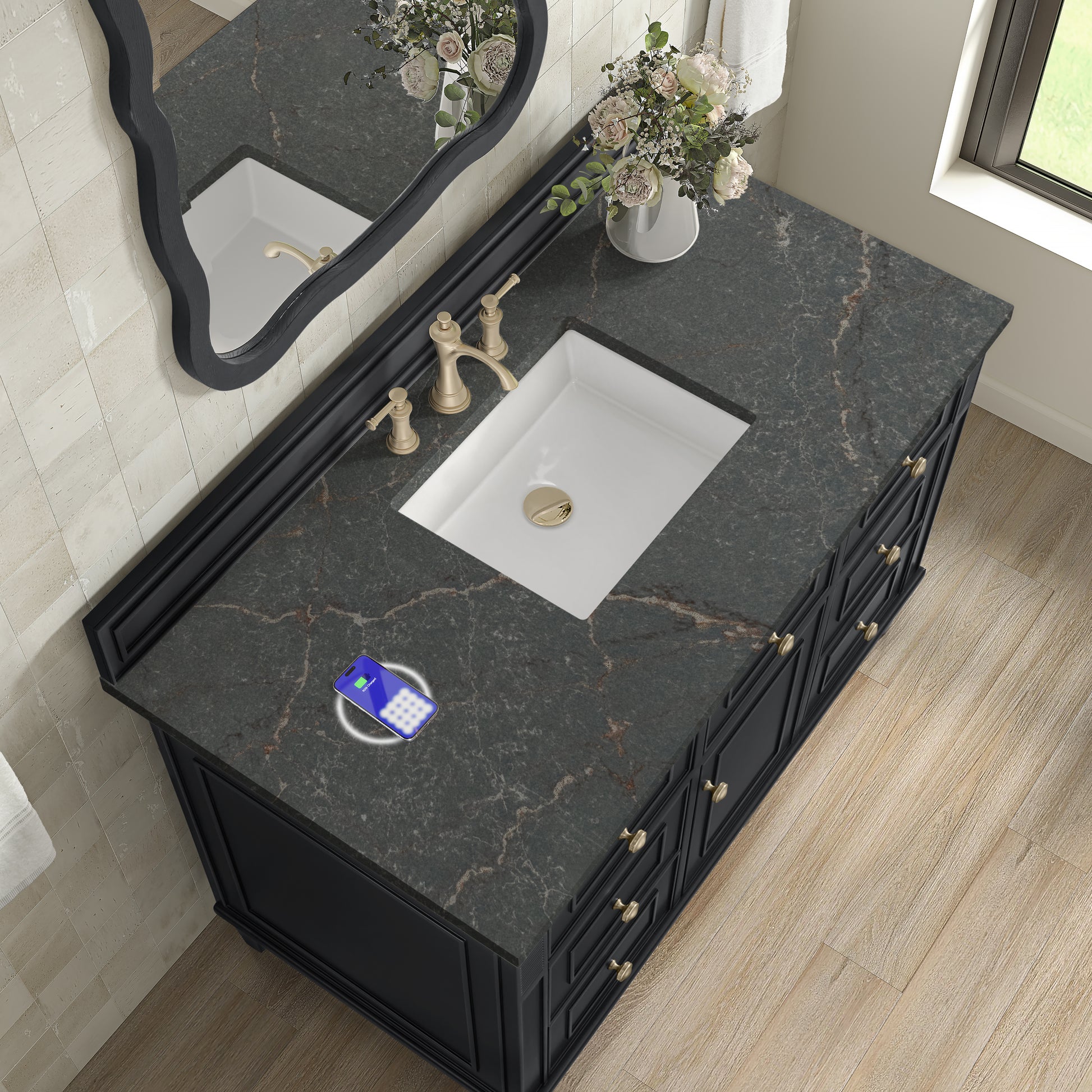 Renovate for Less Atlanta Lorelai 48" Single Vanity, Black Onyx w/ 3 CM Parisien Bleu Silestone Top w/FreePower Wireless Charger
