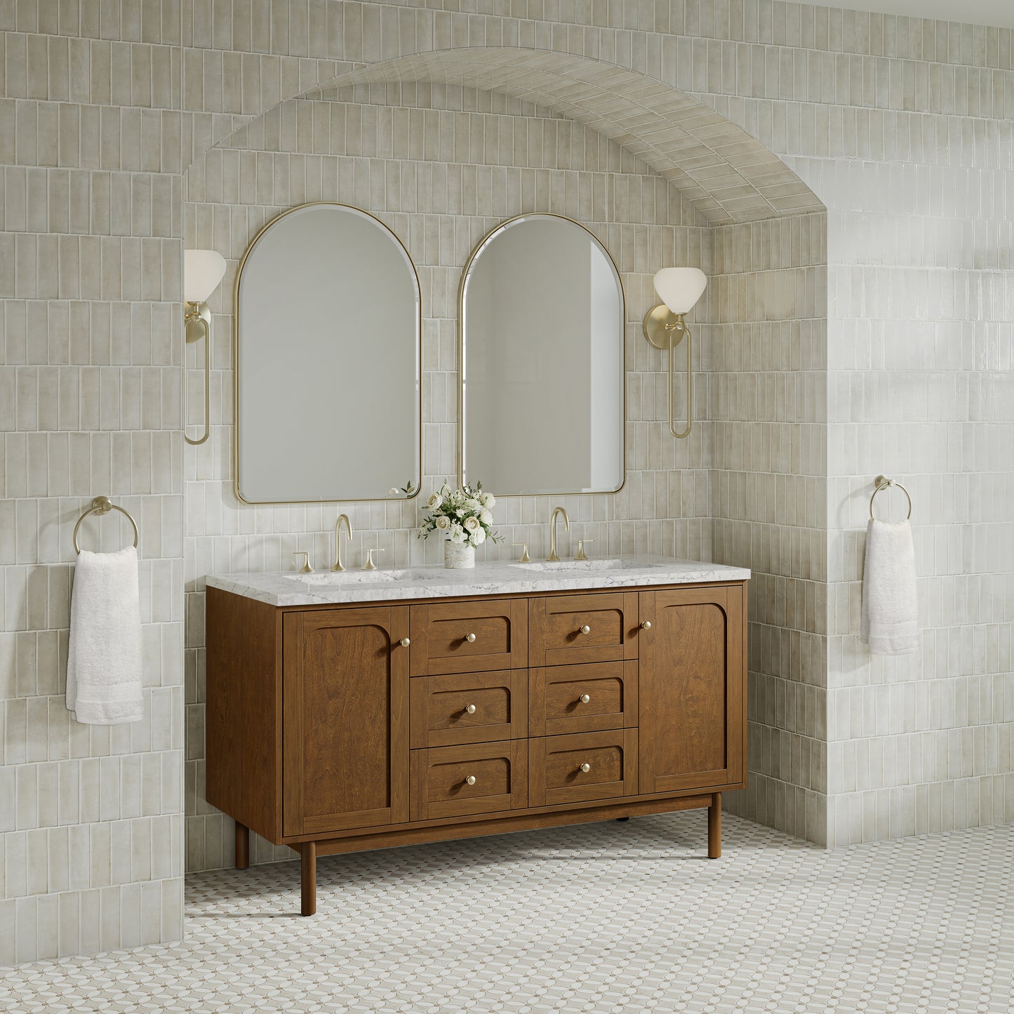 Renovate for Less Atlanta Laurent 60" Double Vanity, Honey Oak w/ 3 CM Eternal Jasmine Pearl Silestone Top w/FreePower Wireless Charger