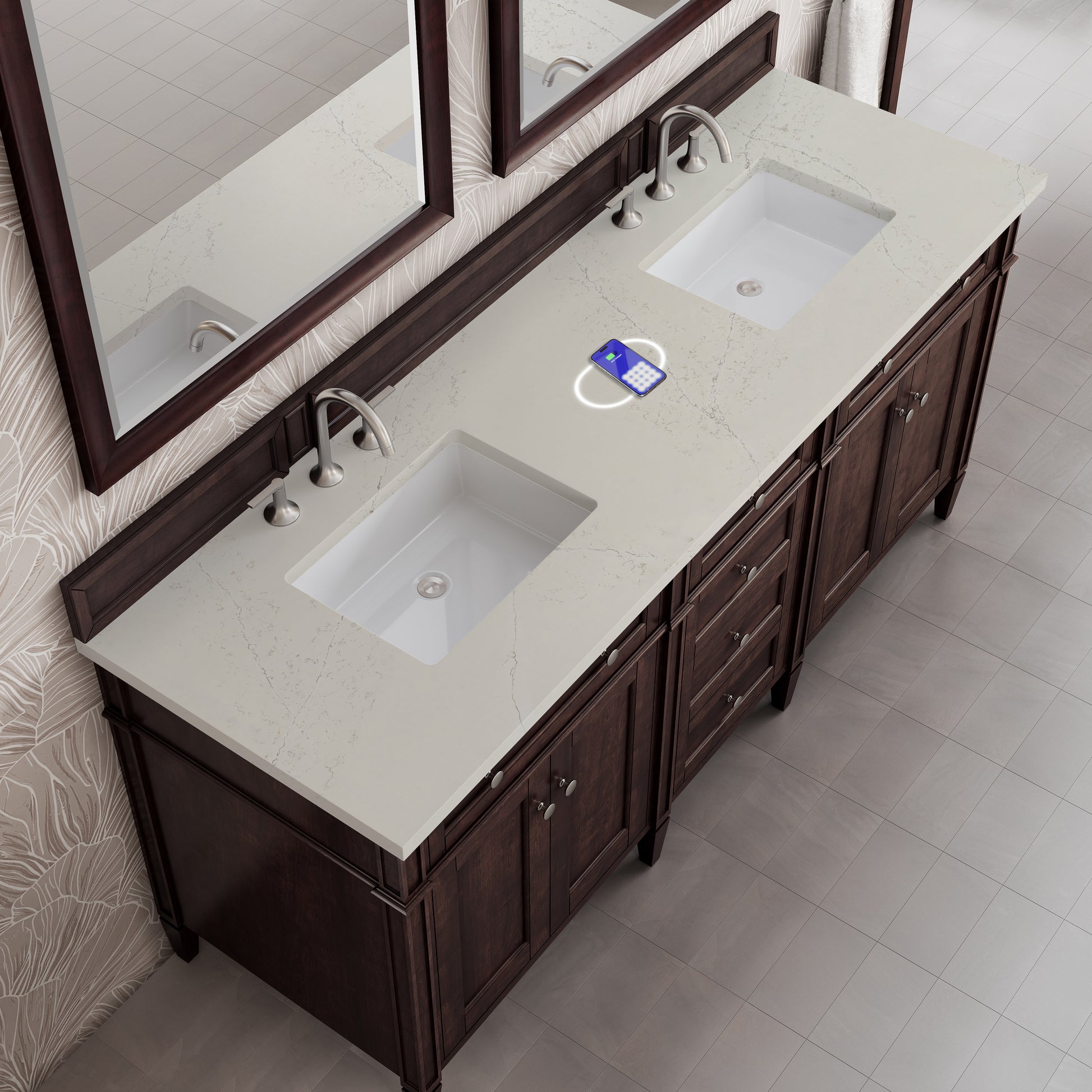 Renovate for Less Atlanta Brittany 72" Double Vanity, Burnished Mahogany, w/ 3 CM Siberian Silestone Top w/FreePower Wireless Charger