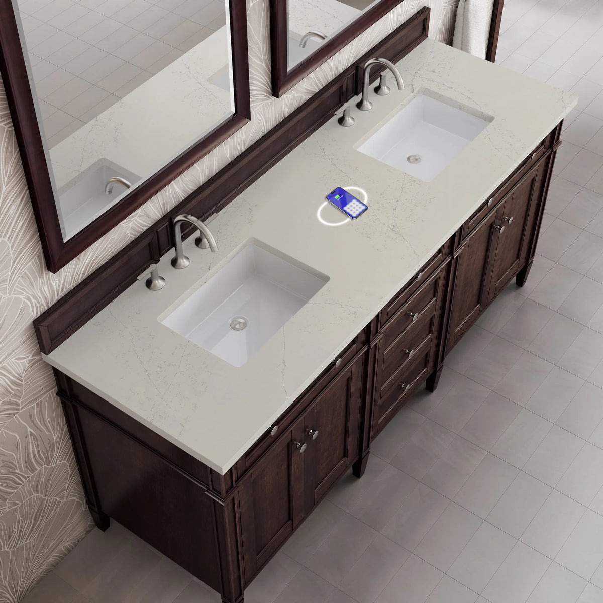 Brittany 72" Double Vanity, Burnished Mahogany, w/ 3 CM Siberian Silestone Top w/FreePower Wireless Charger