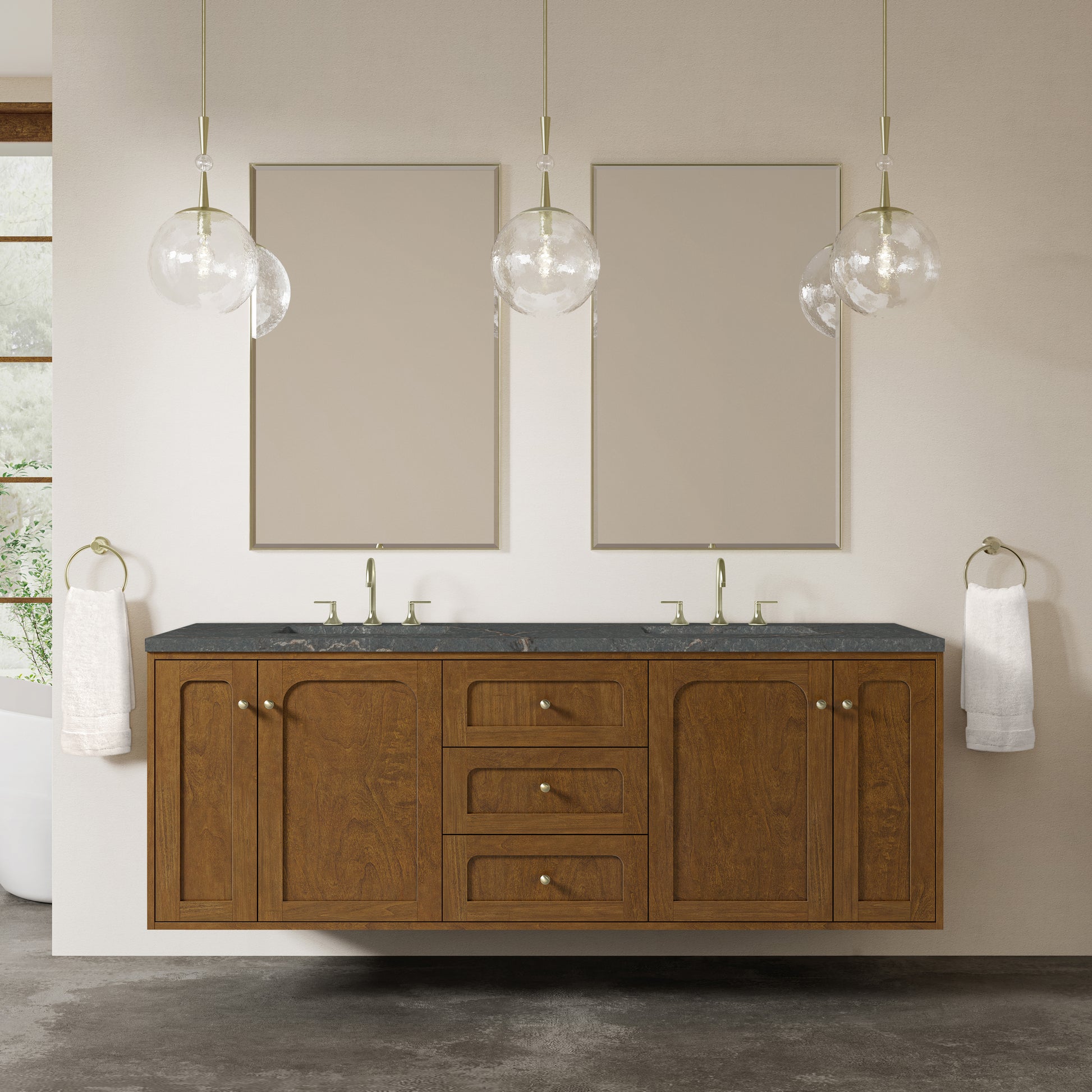 Renovate for Less Atlanta Laurent 72" Double Vanity, Honey Oak w/ 3 CM Parisien Bleu Silestone Top w/FreePower Wireless Charger