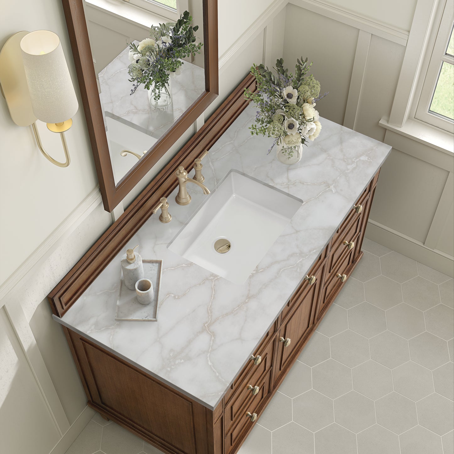 Renovate for Less Atlanta Lorelai 48" Single Vanity, Mid-Century Walnut w/ 3 CM Victorian Silver Silestone Top