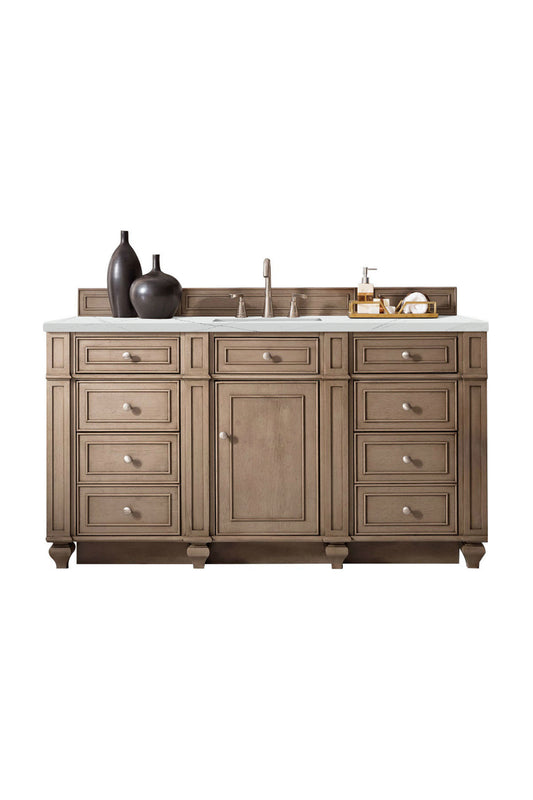 Renovate for Less Atlanta Bristol 60" Single Vanity, Whitewashed Walnut w/ 3 CM Ethereal Noctis Silestone Top w/FreePower Wireless Charger